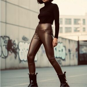 SPANX Faux Leather Leggings Bronze Metal with power waist band size Large